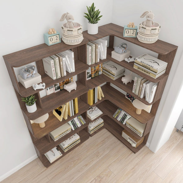 English Elm 90 Cm Modular Corner Bookcase Set of 2 Freestanding Display Shelves Dark Brown W2899S00009