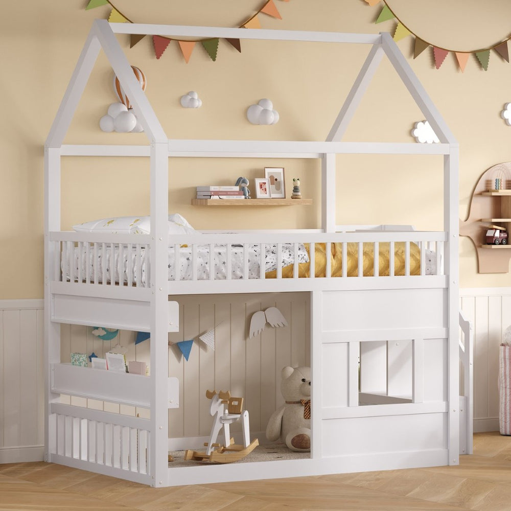 English Elm Full Size Solid Wood House Bed with Led Shelf Lighting for Kids Bedroom White N7500005026K