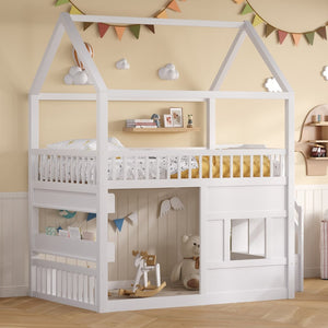 English Elm Full Size Solid Wood House Bed with Led Shelf Lighting for Kids Bedroom White N7500005026K