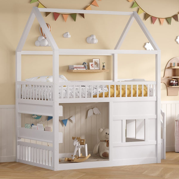 English Elm Full Size Solid Wood House Bed with Led Shelf Lighting for Kids Bedroom White N7500005026K