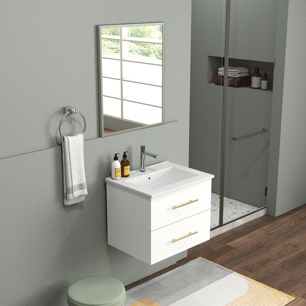 English Elm 24-Inch Wall-Mounted Bathroom Vanity & Mirror Set With Gold Handles, Space-Saving Design, Easy Install W3151S00039