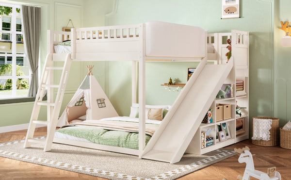 English Elm Queen Loft Bed with Upholstered Headboard Built-in Slide and Open Storage Shelves Beige W1580S00307