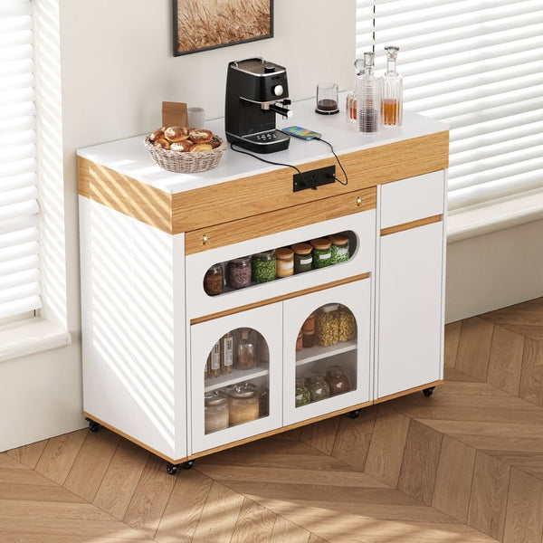 English Elm Trexm Rolling Kitchen Island Extendable Marble Top Cabinet Drawers Power Outlet Creamy White,Natural XW000029AAN