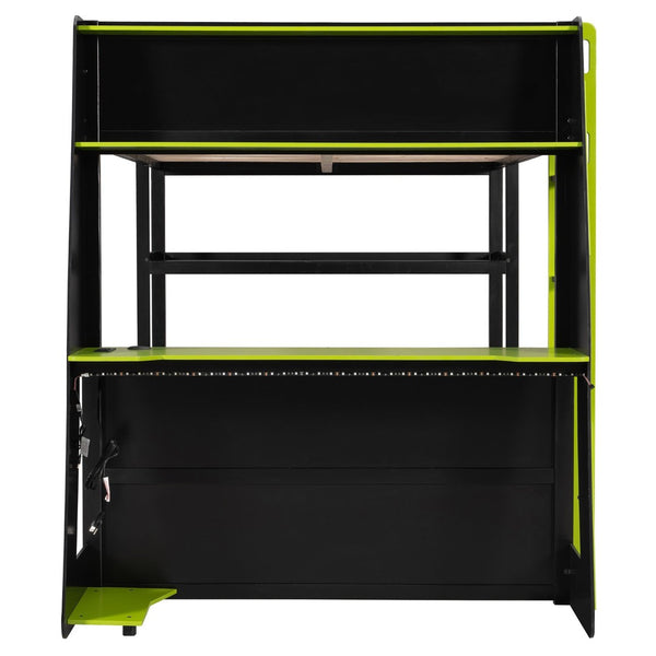 English Elm Full Size Gaming Loft Bed with Led Lighting Desk Shelves and Usb Charging Ports N820S00076F