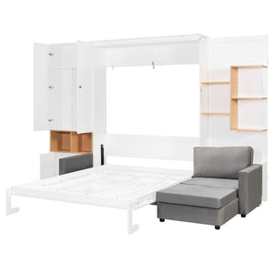 English Elm Queen Murphy Wall Bed with Velvet Sofa Built in Shelves Cabinets and Reading Lights White LP000393AAK