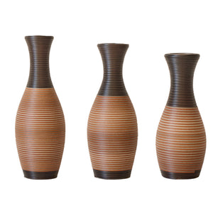English Elm Set of 3 designer floor vases in Grey+Brown PVC, modern rattan-look tall decor for hallways & living rooms W2796P261496