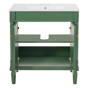 English Elm 30" French Style Bathroom Vanity with Ceramic Basin Soft Close Doors Wood Legs Green N710P415327F