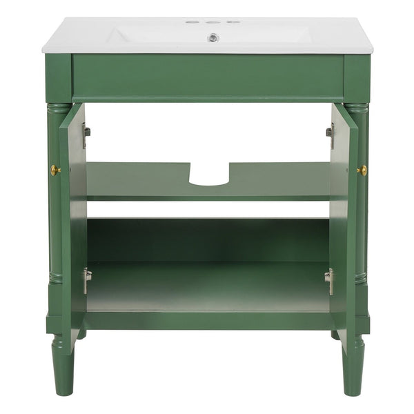 English Elm 30" French Style Bathroom Vanity with Ceramic Basin Soft Close Doors Wood Legs Green N710P415327F