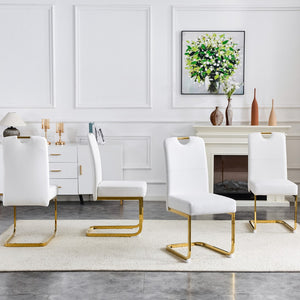 English Elm Modern Cantilever Gold Frame Pu Leather Dining Chairs Glam Set of Four White W3875P372993