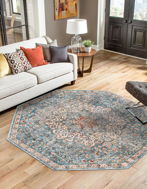 Unique Loom Newport Elms Machine Made Medallion Rug Blue, Ivory/Light Blue/Rust Red/Terracotta/Yellow/Pink 7' 1" x 7' 1"