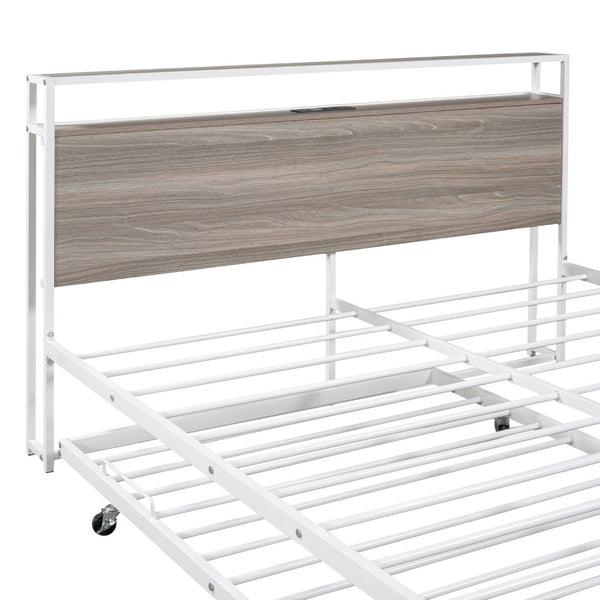 English Elm Queen Steel Platform Bed with Trundle Headboard Shelves and Built-in Usb Charging N708P477431K