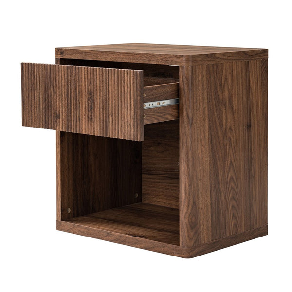 English Elm Night Stand with Fluted Drawer Open Shelf Mid Century Modern Bedside Table for Bedroom W3417P388722