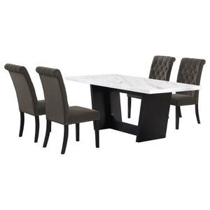 English Elm Yorba Marble Top Trestle Dining Set with Tufted Velvet Chairs for Modern Spaces B062S01667