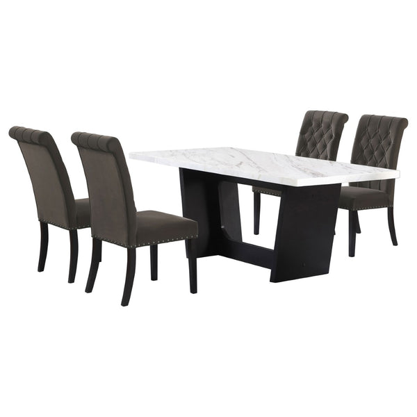 English Elm Yorba Marble Top Trestle Dining Set with Tufted Velvet Chairs for Modern Spaces B062S01667