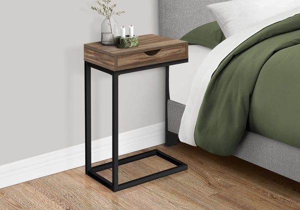 English Elm Accent C-Shaped End Table with Slide-Under Base, Reclaimed Brown Laminate Top & Drawer Storage, Black Metal Frame for Sofa Side Convenience and Modern Living Room Use B2710P219357