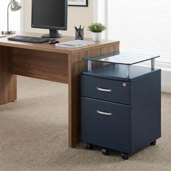 Graphite Glass Wood Metal Rolling File Cabinet with Dual Drawers for Modern Offices