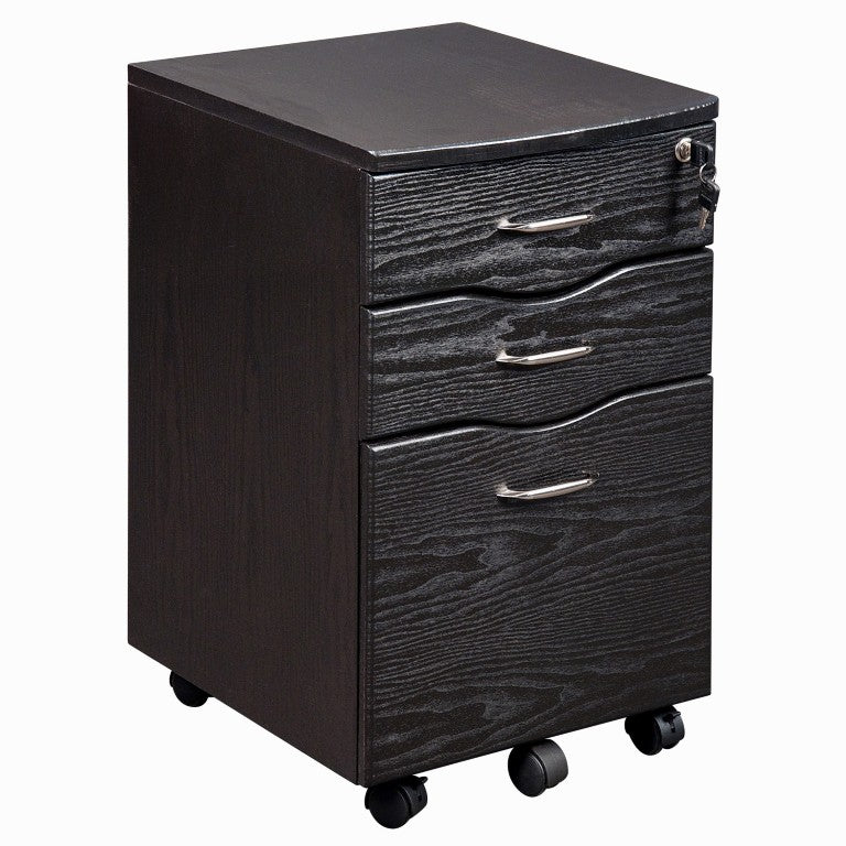 HomeRoots 25 Inch Espresso Finish Wood Three Drawer Rolling File Cabinet for Home Office 723070
