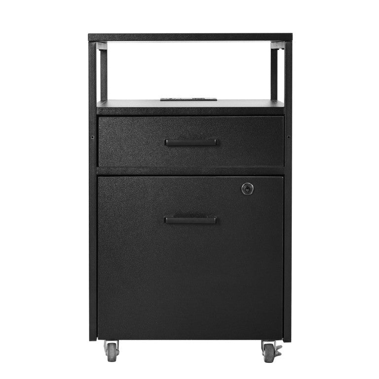 26 Inch Rolling Office Filing Cabinet in Black Wood Metal with Usb Charging Port