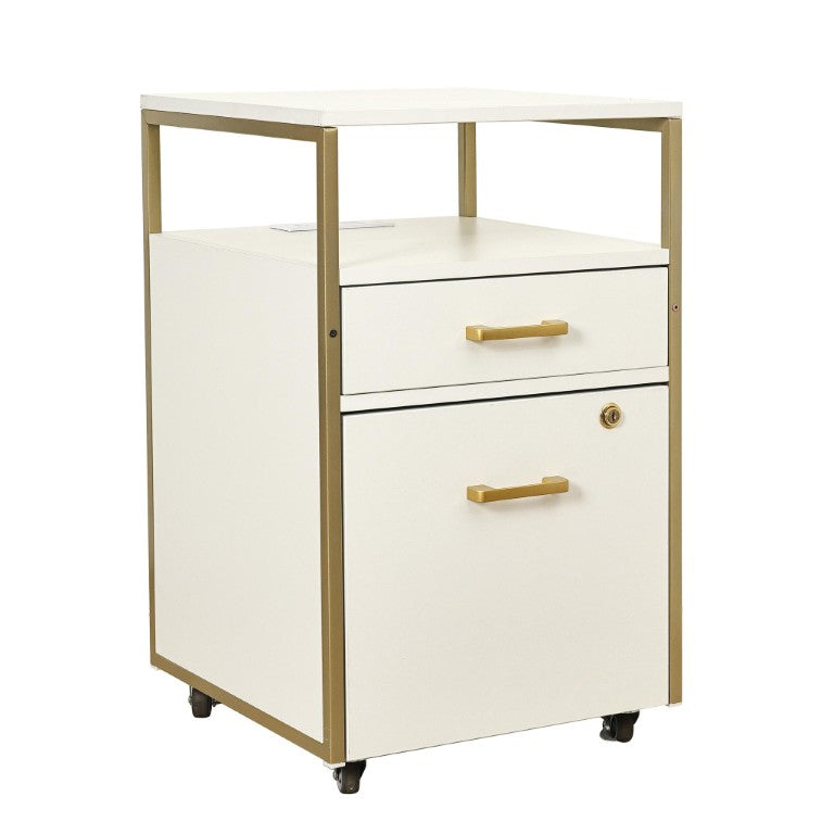 HomeRoots 26 Inch Rolling Filing Cabinet with Two Drawers in Glam White and Gold Finish 723072
