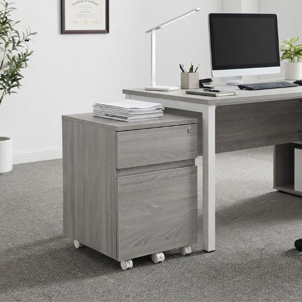 23 Inch Gray Wood Two Drawer Rolling Filing Cabinet for Modern Home Office Storage