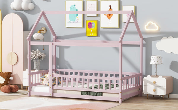 English Elm Twin Size House Floor Bed With Charming Roof Frame, Safety Guardrails & Soft Pink Finish For Kids W504P286405-GIGA