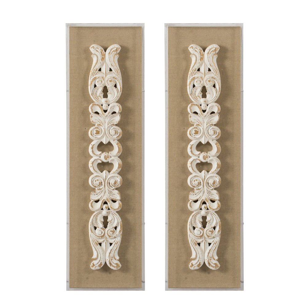 English Elm S/2 Carved Scroll Wood Wall Plaques Antique White Sculptural Relief Art for Entryway W2078P313341
