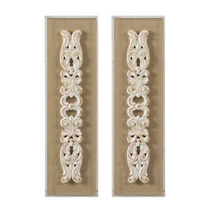 English Elm S/2 Carved Scroll Wood Wall Plaques Antique White Sculptural Relief Art for Entryway W2078P313341