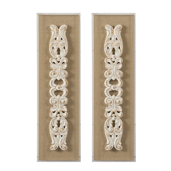 English Elm S/2 Carved Scroll Wood Wall Plaques Antique White Sculptural Relief Art for Entryway W2078P313341