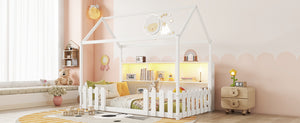 English Elm Twin House Bed with LED Light and Built-In Bookshelf, Solid Wood Playhouse Design for Kids Safety White 78.15 L x 15.75 W x 6.1 H W2593P269087
