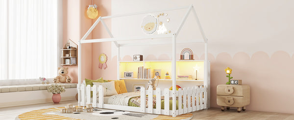 English Elm Twin House Bed with LED Light and Built-In Bookshelf, Solid Wood Playhouse Design for Kids Safety White 78.15 L x 15.75 W x 6.1 H W2593P269087