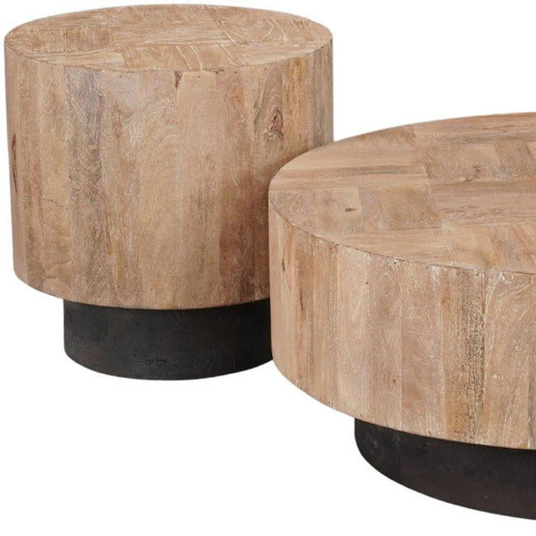 Set of Two Solid Wood Round Pedestal Tables Warm Brown Finish Living Room Accent