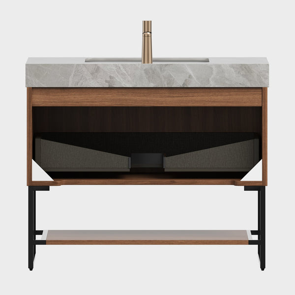 English Elm YOLAN 36" Bathroom Vanity with Integrated Solid Surface Basin, Pre-Assembled Plywood Cabinet, Soft-Close Drawer and Open Towel Shelf Black,Dark Walnut,Light Gray,White W2615S00373