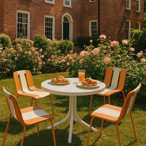 English Elm Summer 5 Piece Round Polypropylene Dining Set Uv Resistant Striped Indoor Outdoor Patio Beige,Tropical Orange,White W3450S00040