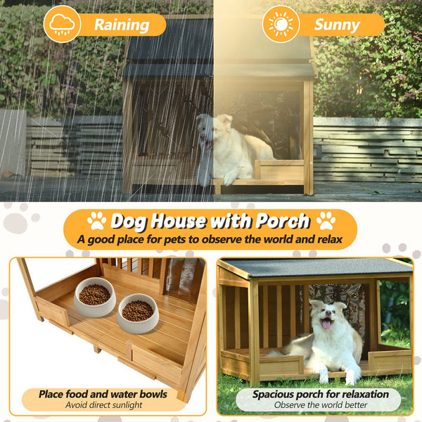 English Elm 60.2" Insulated Outdoor Dog House with Porch & Asphalt Roof, Elevated Pine Kennel for Dogs up to 120 lbs N704G201612A
