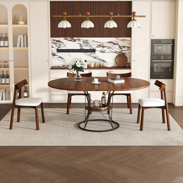 English Elm 43 Inch Foldable Mdf Dining Set with Pu Cushioned Solid Wood Chairs Space Saving Walnut W2700S00128