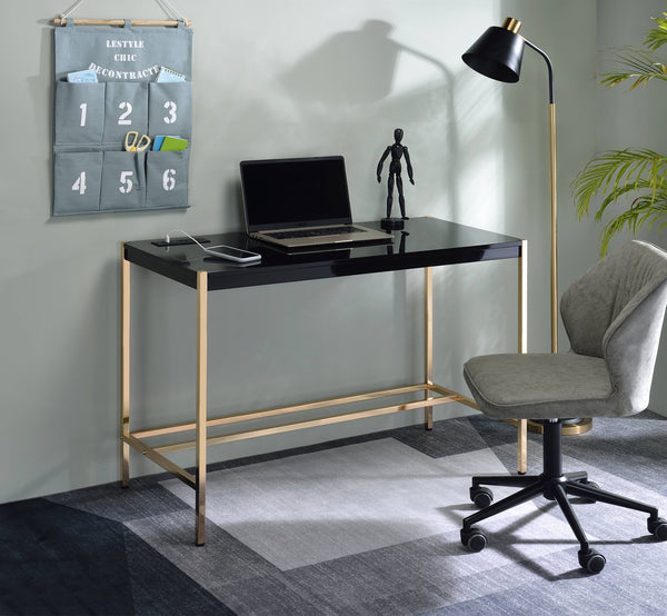 English Elm Midriaks Modern Black & Gold Writing Desk with White Top, USB Port, Open Metal Base, 40"x14" B2726P272976