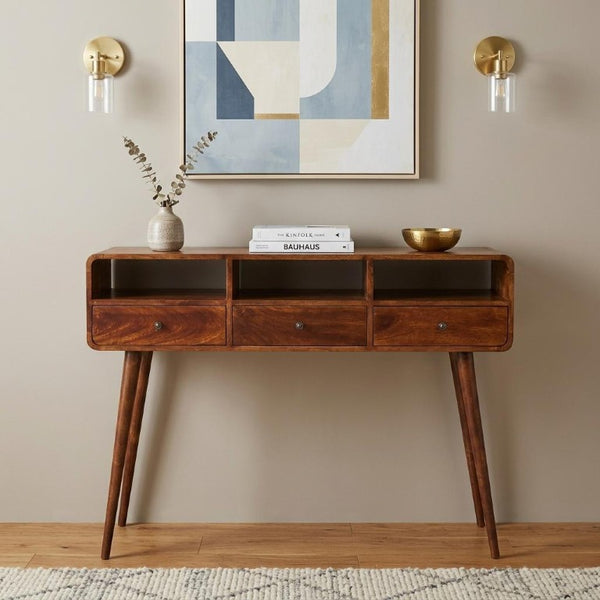 51 Inch Chestnut Solid Wood Entryway Console with Three Drawers and Open Shelving