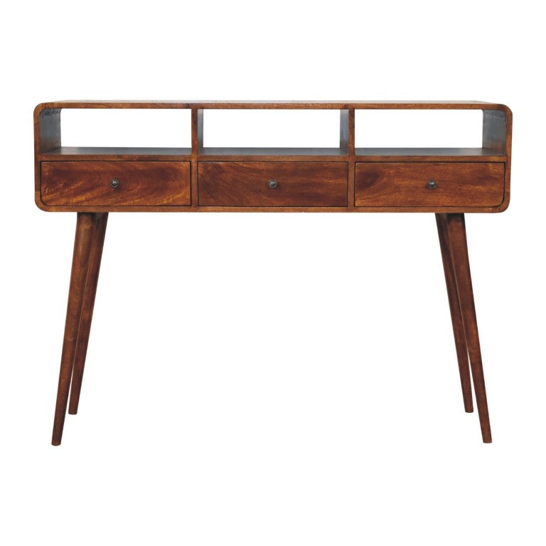 HomeRoots 51 Inch Chestnut Solid Wood Entryway Console with Three Drawers and Open Shelving 723398