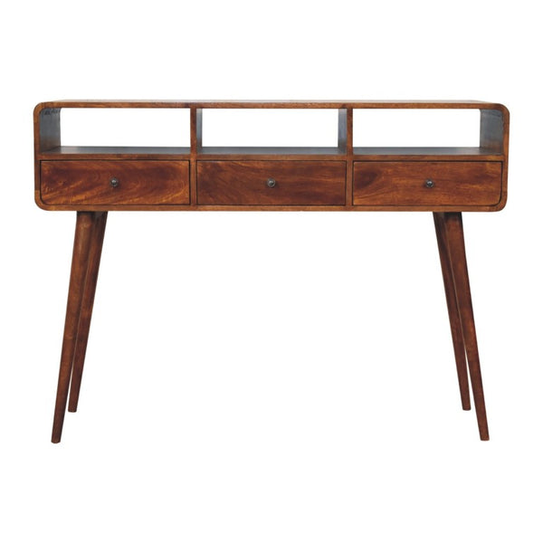 51 Inch Chestnut Solid Wood Entryway Console with Three Drawers and Open Shelving