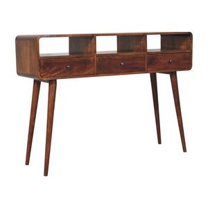 51 Inch Chestnut Solid Wood Entryway Console with Three Drawers and Open Shelving