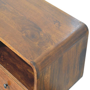 51 Inch Chestnut Solid Wood Entryway Console with Three Drawers and Open Shelving