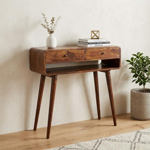 35 Inch Chestnut Solid Wood Entryway Console with Two Drawers and Lower Shelf