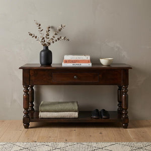34 Inch Solid Wood Entryway Console Featuring Open Shelf Storage Drawer Natural Brown