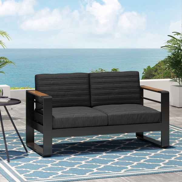 English Elm Christopher Knight Home® - GIOVANNA Loveseat Black Aluminum Frame with WPC Arm Accents, Water-Resistant Cushions, Weatherproof 71735.00BLK