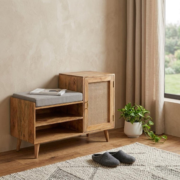 41 Inch Boucle Upholstered Entryway Bench with Oak Wood Cabinet Plus Open Shelving