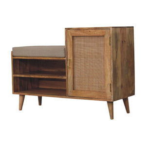 41 Inch Boucle Upholstered Entryway Bench with Oak Wood Cabinet Plus Open Shelving