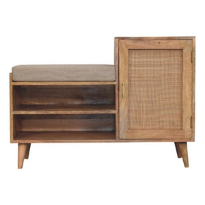41 Inch Boucle Upholstered Entryway Bench with Oak Wood Cabinet Plus Open Shelving