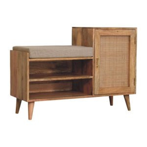 41 Inch Boucle Upholstered Entryway Bench with Oak Wood Cabinet Plus Open Shelving