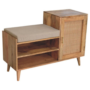 41 Inch Boucle Upholstered Entryway Bench with Oak Wood Cabinet Plus Open Shelving