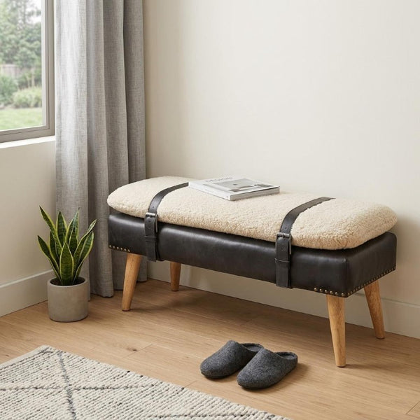 35 Inch Boucle and Genuine Leather Upholstered Bench with Solid Wood Base